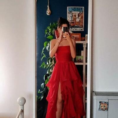 A line tiered burgundy prom dresses with slit 