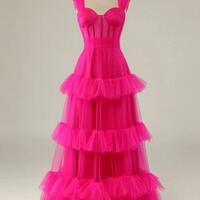  Sweetheart Hot Pink A Line Multi Layers Tulle Formal Prom Dresses - Thumbnail 2