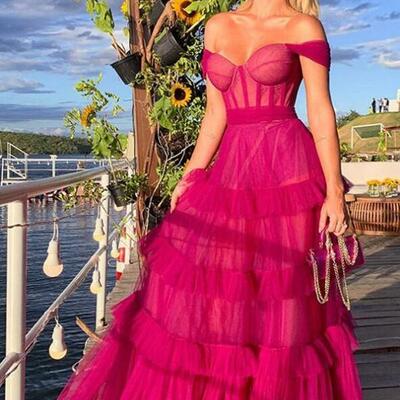  sweetheart hot pink a line multi layers tulle formal prom dresses
