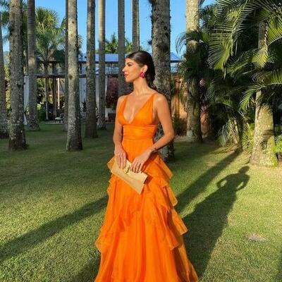 Elegant simple a line orange v neck long prom dresses - Thumbnail 3