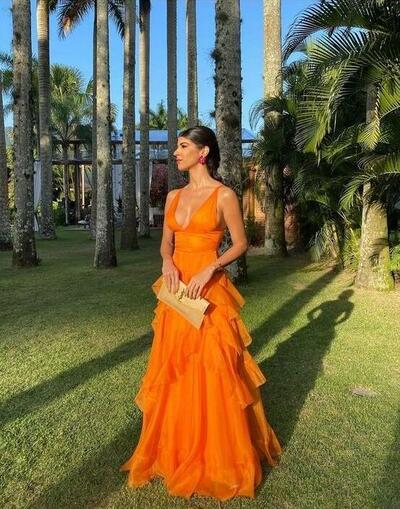 Elegant Simple A Line Orange V Neck Long Prom Dresses