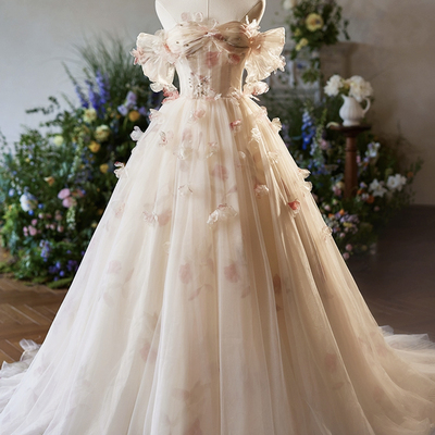 Champagne floral tulle floor length prom party dress - Thumbnail 1