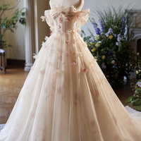 Champagne Floral Tulle Floor Length Prom Party Dress - Thumbnail 2