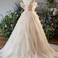 Champagne Floral Tulle Floor Length Prom Party Dress - Thumbnail 3