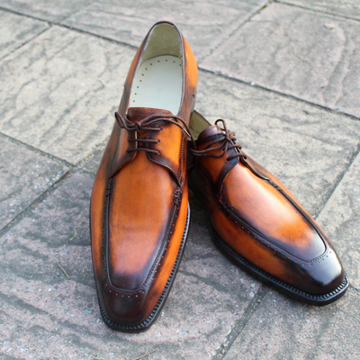 Crafted leather classic handmade tan black shaded leather dress shoes - Thumbnail 5