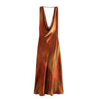 Draped Neck Satin Print Dress - Thumbnail 2