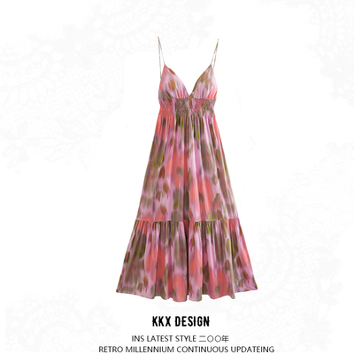 Fashionable temperament printed backless lace-up suspender dress - Thumbnail 4