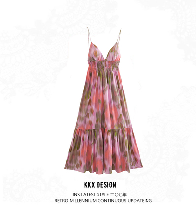 Fashionable Temperament Printed Backless Lace-up Suspender Dress