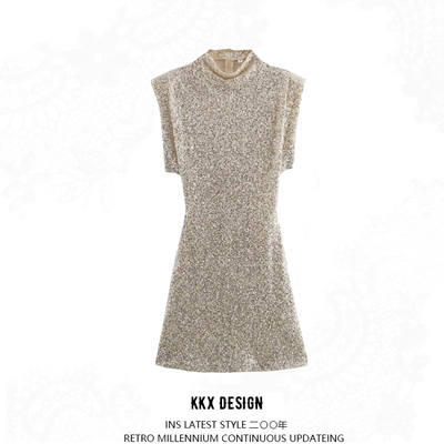 Temperament light mature padded shoulder sequin slim fit sexy dress - Thumbnail 4