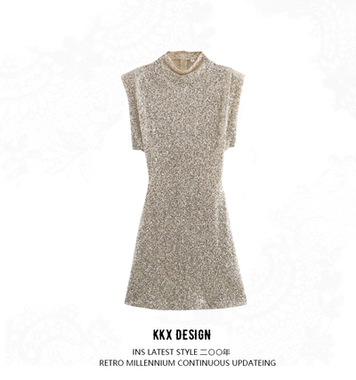 Temperament light mature padded shoulder sequin slim fit sexy dress