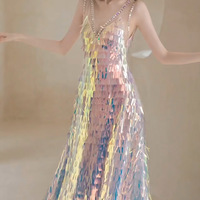 Sequined Iridescent Fringed Cami Maxi Party Dress - Thumbnail 1