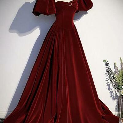 Charming a line burgundy velvet long prom dress with pearl - Thumbnail 5
