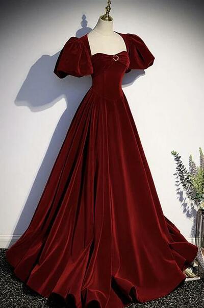 Charming A Line Burgundy Velvet Long Prom Dress With Pearl