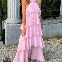 Sexy Pink A-line Backless Tiered Prom Dress,Evening Dress - Thumbnail 1