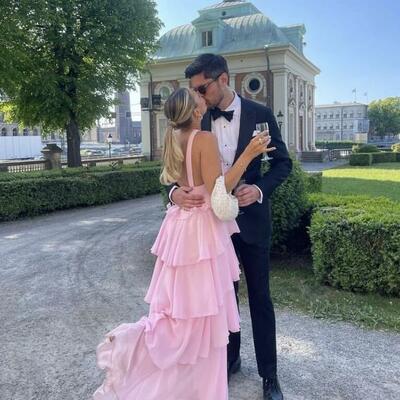 Sexy pink a-line backless tiered prom dress,evening dress