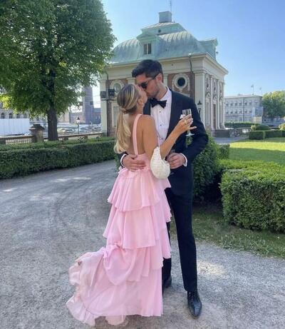 Sexy Pink A-line Backless Tiered Prom Dress,Evening Dress