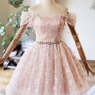Pink tulle knee length party dress, lovely off the shoulder evening dress - Thumbnail 1