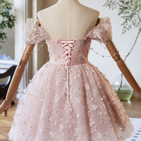 Pink Tulle Knee Length Party Dress, Lovely Off the Shoulder Evening Dress - Thumbnail 1