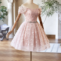 Pink Tulle Knee Length Party Dress, Lovely Off the Shoulder Evening Dress - Thumbnail 3