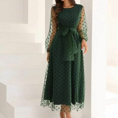 Elegant green mother of bride/ groom dress simple polka dots tea-length evening formal gowns prom dress