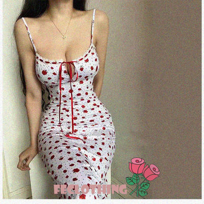 One-line collar lace floral suspender dress