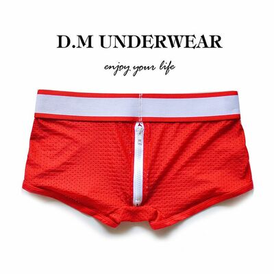 Back Zipper Gay Mens Sexy D.M Underwear Perforated Mesh Holes Boxer Briefs Underpants Red