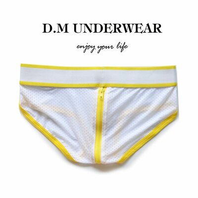 Gay mens sexy d.m underwear perforated mesh holes back zipper quick-dry briefs underpants white