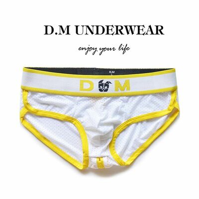 Gay mens sexy d.m underwear perforated mesh holes back zipper quick-dry briefs underpants white