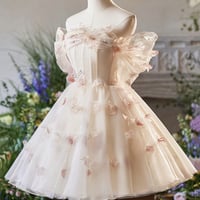 Champagne Floral Tulle Knee Length Prom Party Dress - Thumbnail 1