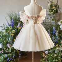 Champagne Floral Tulle Knee Length Prom Party Dress - Thumbnail 2