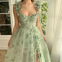 A-line Butterfly Lace Lilac Corset Prom Dress with Slit - Thumbnail 2