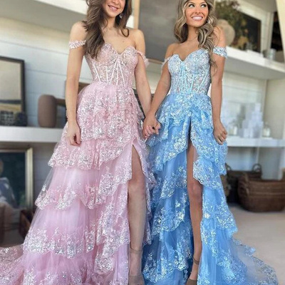 A-line lace off-the-shoulder tiered long prom dress with slit