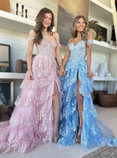 A-Line Lace Off-the-Shoulder Tiered Long Prom Dress with Slit