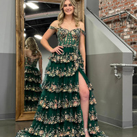 A-Line Lace Off-the-Shoulder Tiered Long Prom Dress with Slit - Thumbnail 1