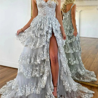 A-Line Lace Off-the-Shoulder Tiered Long Prom Dress with Slit - Thumbnail 5
