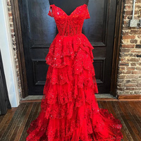 A-Line Lace Off-the-Shoulder Tiered Long Prom Dress with Slit - Thumbnail 6