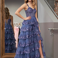 A-Line Lace Off-the-Shoulder Tiered Long Prom Dress with Slit - Thumbnail 7