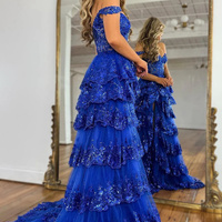 A-Line Lace Off-the-Shoulder Tiered Long Prom Dress with Slit - Thumbnail 8