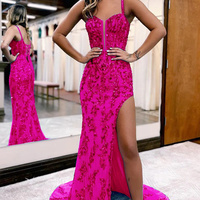 Sparkly Blue Sheath Sequins Long Prom Dress with Slit - Thumbnail 3