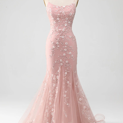 Sexy backless spaghetti strap mermaid blush spaghetti strap ball gown with appliques