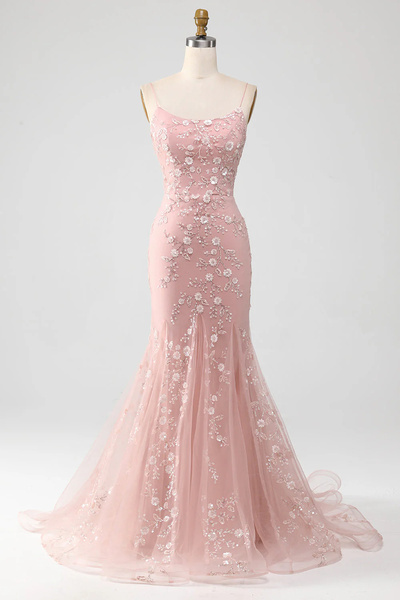 Sexy Backless Spaghetti Strap Mermaid Blush Spaghetti Strap Ball Gown with Appliques