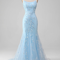 Sexy Backless Spaghetti Strap Mermaid Blush Spaghetti Strap Ball Gown with Appliques - Thumbnail 1