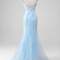 Sexy Backless Spaghetti Strap Mermaid Blush Spaghetti Strap Ball Gown with Appliques - Thumbnail 2