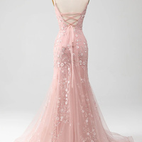 Sexy Backless Spaghetti Strap Mermaid Blush Spaghetti Strap Ball Gown with Appliques - Thumbnail 3