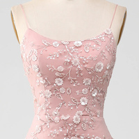 Sexy Backless Spaghetti Strap Mermaid Blush Spaghetti Strap Ball Gown with Appliques - Thumbnail 4