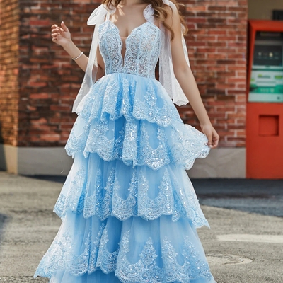 Layered tulle boned lace applique sweetheart tie tie sequined ball gown