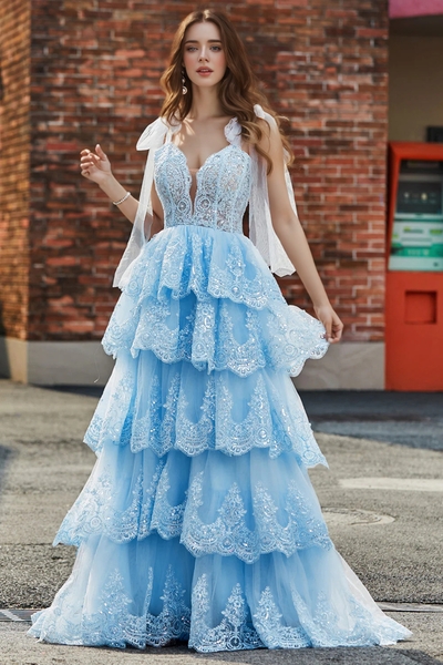 Layered Tulle Boned Lace Applique Sweetheart Tie Tie Sequined Ball Gown
