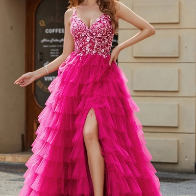 Luxurious a-line spaghetti strap fuchsia long ball gown with applique ruffles