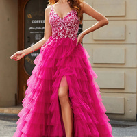 Luxurious A-line spaghetti strap fuchsia long ball gown with applique ruffles - Thumbnail 1
