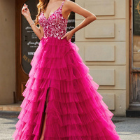 Luxurious A-line spaghetti strap fuchsia long ball gown with applique ruffles - Thumbnail 2